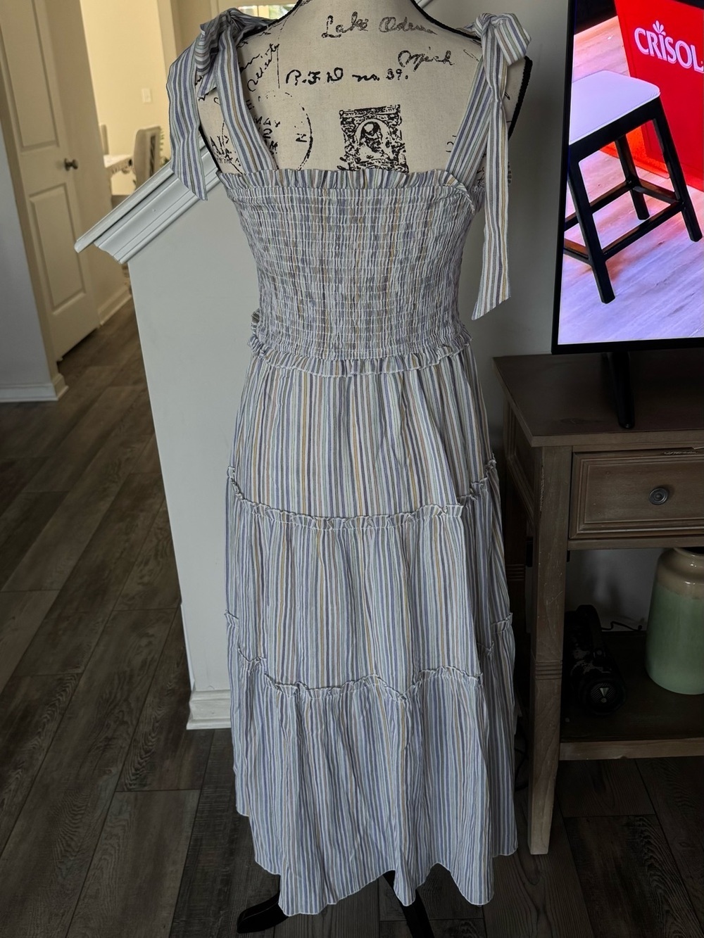 Aakaa Blue and Cream Striped Smocked Tie-Shoulder Maxi Dress
